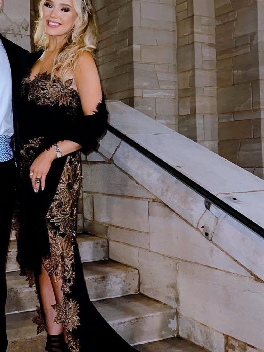 Elegant Black Dress with Gold Floral Embroidery